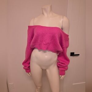 NWT PrettyLittleThing Pink V-neck Off The Shoulder Cropped Knit Sweater M